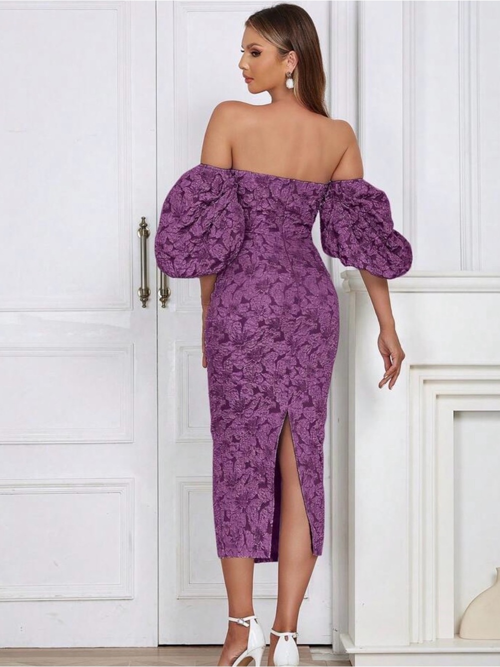 SHEIN Purple One-Shoulder Puff Sleeve Lace Midi Dress